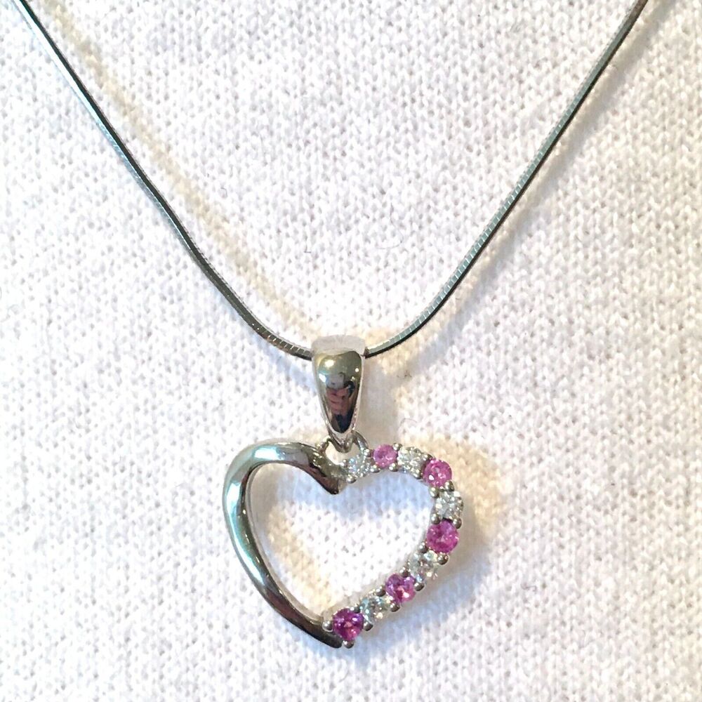 Sterling Silver Pink Sapphire Necklace Lab Created CZ Heart Pendant 18in Chain